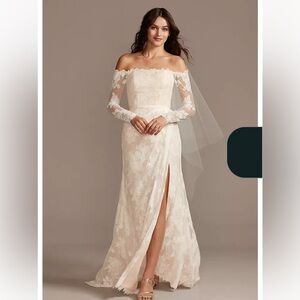Melissa Sweet Off Shoulder Floral Lace Long Sleeve Wedding Dress